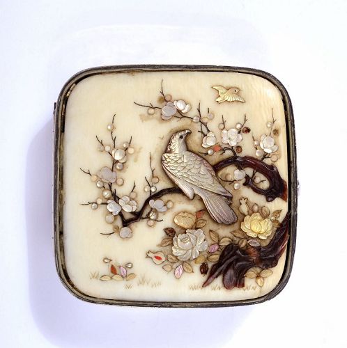 1900's Japanese Solid Silver Mother-of-Pearl Shibayama Box Signed