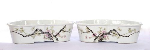 Pair of 1910's Chinese Famille Rose Porcelain Planter Plume Blossom