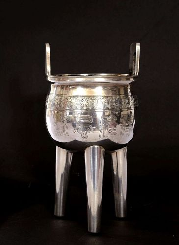 1930's Chinese Solid Silver Censer Incense Burner Calligraphy Marked