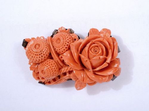 Vintage Japanese Hand Carved Coral Brooch Pin Solid Silver Backing