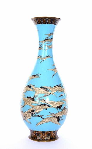 1910's Japanese Cloisonne Enamel Shippo Vase Crane 18.2"