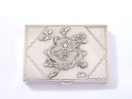1910's Chinese Embossed 950 Sterling Silver Dragon Compact Box Marked