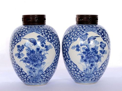 19C Chinese 2 Blue & White Porcelain Tea Caddy Flower Bird Wood Lid