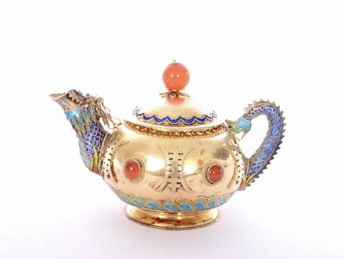 Chinese Gilt Sterling Silver Enamel Agate Carnelian Bead Dragon Teapot