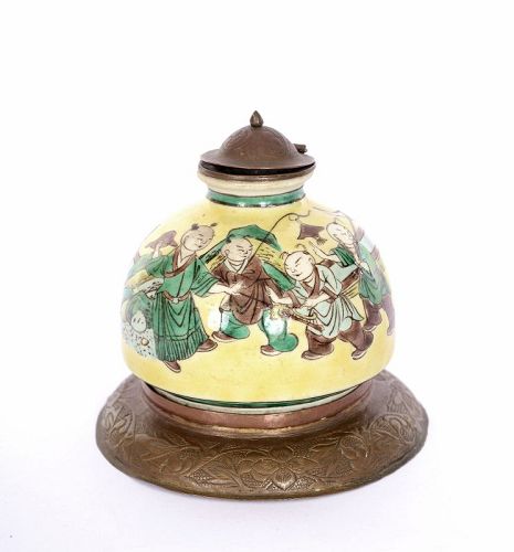 19C Chinese Famille Verte Sancai Porcelain Inkwell Brass Base Boy Mk