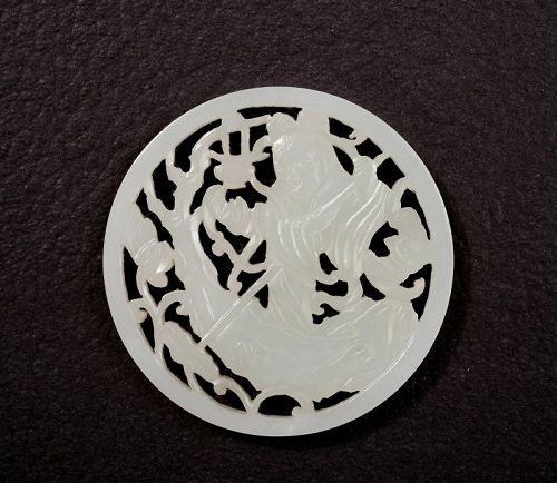 1900's Chinese White Jade Carved Carving Lady Figure Pendant Plaque