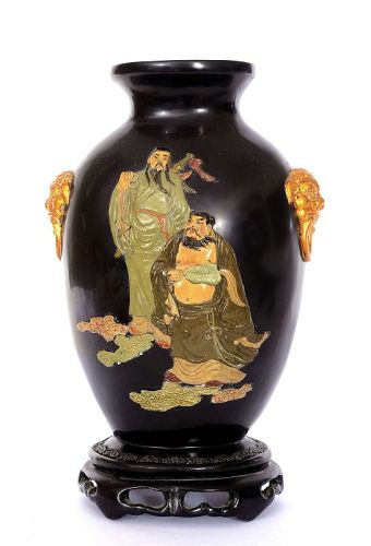 1970's Chinese Fuzhou Fujian Wood Lacquer Vase 8 Immortal God Figure
