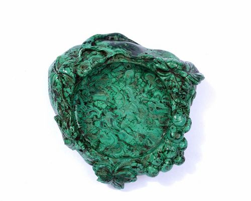 1900's Chinese Malachite Carved Scholar Brush Washer Grape Vine