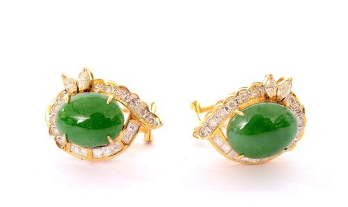 Chinese 14K Gold Jadeite Diamond Earrings