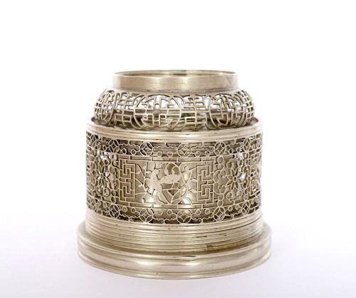 1930's Chinese Openwork White Copper Brass Paktong Baitong Opium Lamp