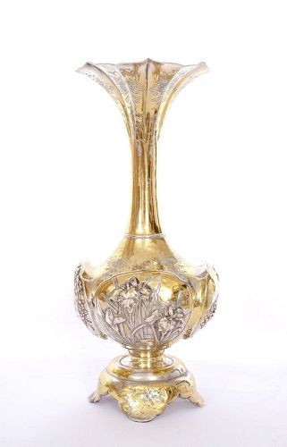 1920's Japanese Gilt Sterling Silver Relief Floral Trumpet Vase 867G