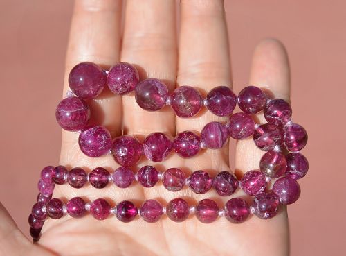 Chinese 14K Gold Pink Tourmaline Rubellite Carved Bead Necklace