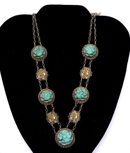 1930's Chinese Gilt Silver Filigree Turquoise Carved Necklace Mk 足銀
