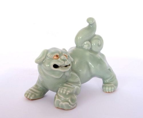 1920's Japanese Celadon Shishi Foo Dog Lion Okimono by Makuzu Kozan
