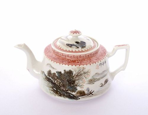 Chinese Famille Rose Porcelain Tea Teapot Crane Calligraphy Poem Mk