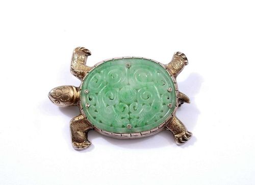 1900's Chinese Gilt Silver Jadeite Plaque Turtle Shaped Pin Brooch 830