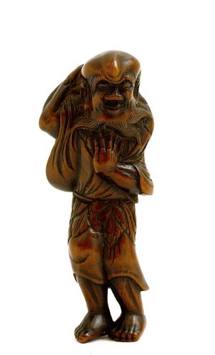 19C Japanese Wood Carved Carving Netsuke Gamma Sennin Figurine