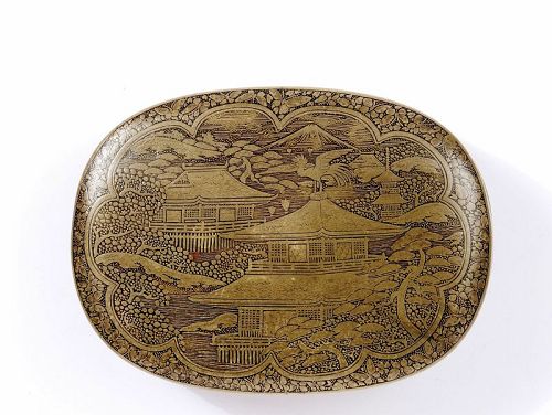 1910's Japanese Komai Style Mixed Metal Damascene Box Temple Scene