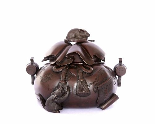 1900's Japanese Bronze Censer Koro Incense Burner Rat