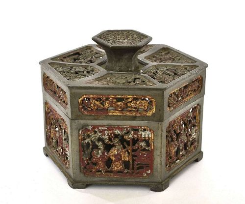 1900's Chinese Pewter Box Figure Figurine Marked