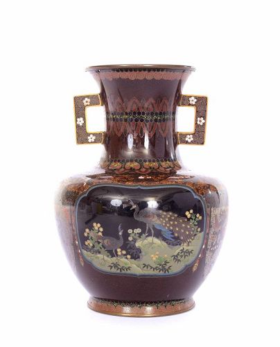 1910's Japanese Gilt Cloisonne Enamel Shippo Vase Dragon & Peacock