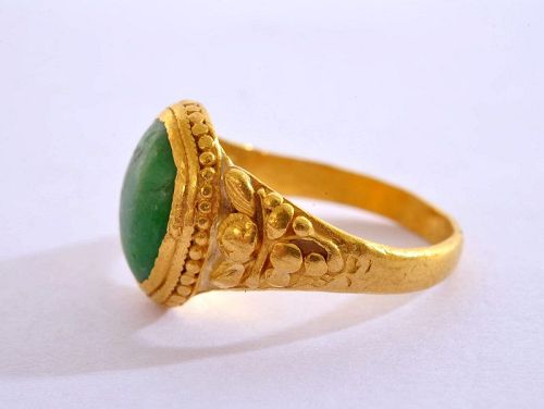 1930's Chinese Jadeite Jade Carved Caving 24K Yellow Gold Ring Marked
