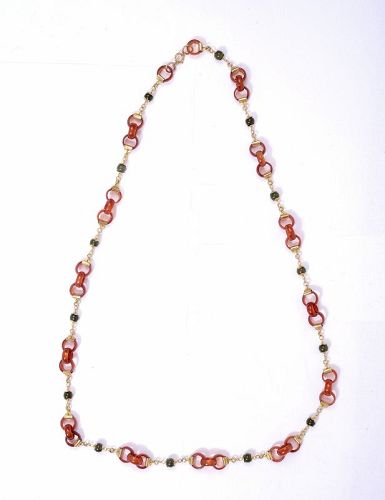 Vintage Chinese Spinach Jade and Agate Carved Loop Rings Bead Necklace