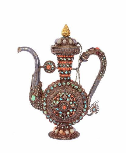 19C Chinese Tibetan Gilt Silver Teapot Ruby Coral Turquoise Beads