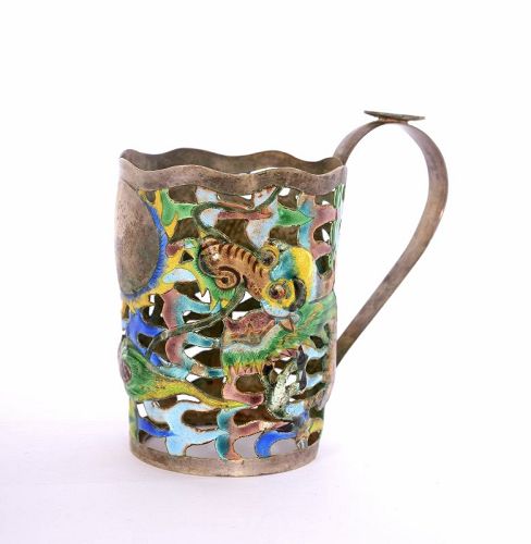 1930's Chinese Silver Enamel Dragon Tea Coffee Glass Cup Holder Marked