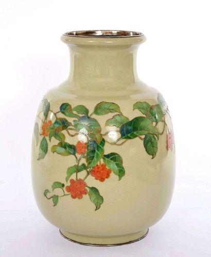 1930's Japanese Olive Green Cloisonne Enamel Silver Vase Gonda Style