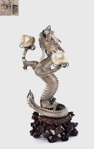 1920's Chinese Silver Dragon Candle Holder Wood Stand 清宫的洋蜡 (銀龍洋蜡台)