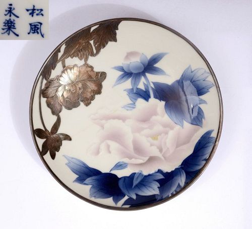 Meiji Japanese Shofu Katei Eiraku Studio Silver Overlay Plate 永楽松風