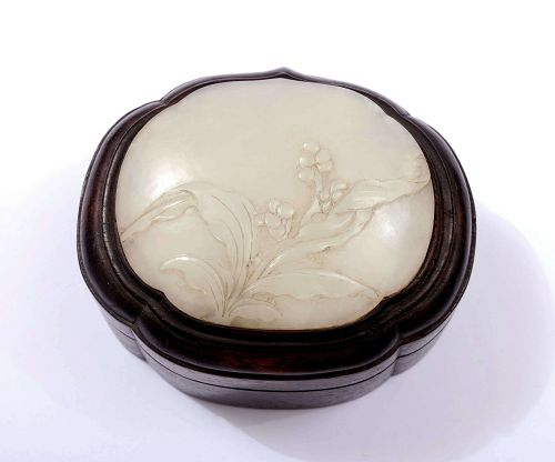 18C Chinese White Jade Plaque 紫檀 Zitan Wood Carved Box