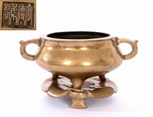 19C Chinese Bronze Censer Incense Burner Original Stand Xuande