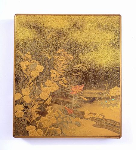 Meiji Japanese Makie Lacquer Tebako Accessory Box Wild Flowers River