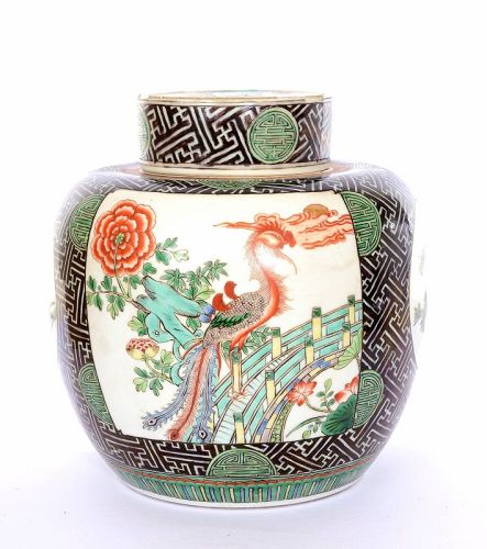 1900's Chinese Famille Noire Kangxi Style Ginger Jar Phoenix