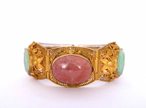 1930's Chinese Gilt Brass Filigree Bracelet Jadeite Pink Tourmaline