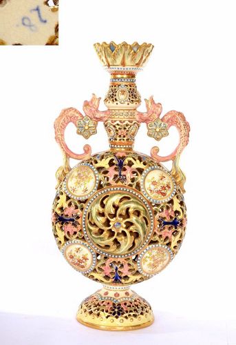 19C Hungarian Vilmos Zsolnay Reticulated Vase Dragon Moon Flask