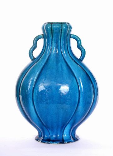 19C Chinese Turquoise Crackle Glaze Monochrome Ears Vase