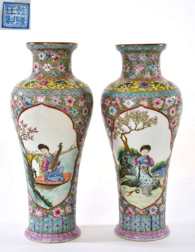 2 Chinese Enamel Famille Rose Vase Lady Figure Instrument Millefleur