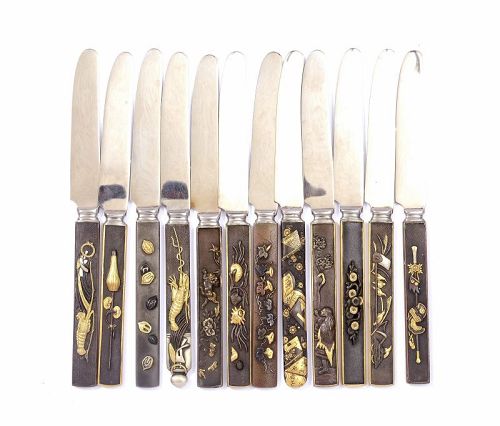 19C Japanese Mixed Metal Gold Silver Sword Kozuka Knife Set 12