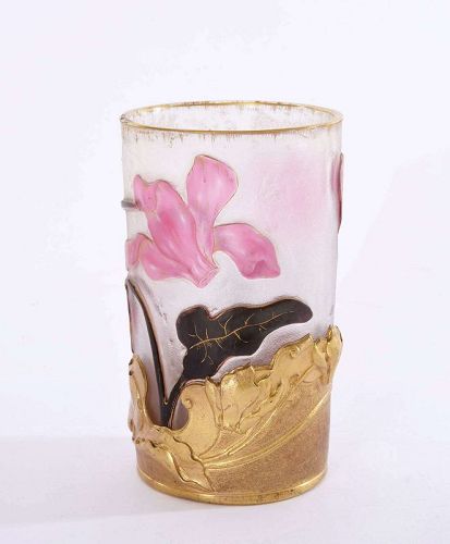 Antique French Art Nouveau Daum Nancy Relief Glass Cup Gilt Silver