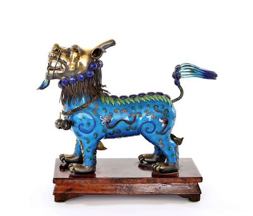 Chinese Gilt Silver Enamel Qilin Beast Wood Stand