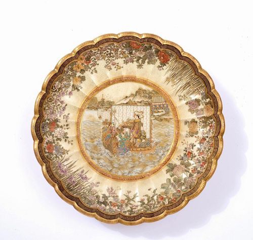 Meiji Japanese Satsuma Scallop Plate 7 Lucky God Treasure Boat