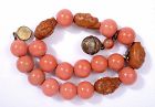 Chinese 18mm Salmon Coral Hediao Nut Carved Bead Necklace