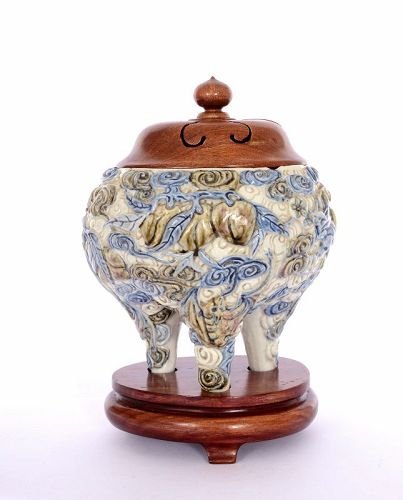 19C Chinese Blue & White Copper Red Porcelain Censer Wood Stand