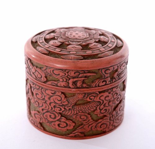 19C Japanese Red Cinnabar Lacquer Carved Box Lotus Dragon