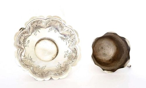 Old Chinese Metal Tea Cup & Saucer Calligraphy Figure Horse