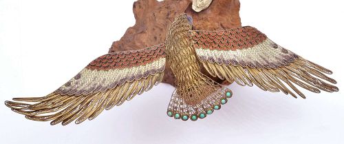Chinese Metal Enamel Eagle on Wood Carved Stand